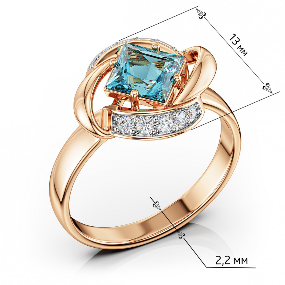 Золотое кольцо с голубым топазом и фианитами. Артикул 361735  размер 17 - Фото 3
