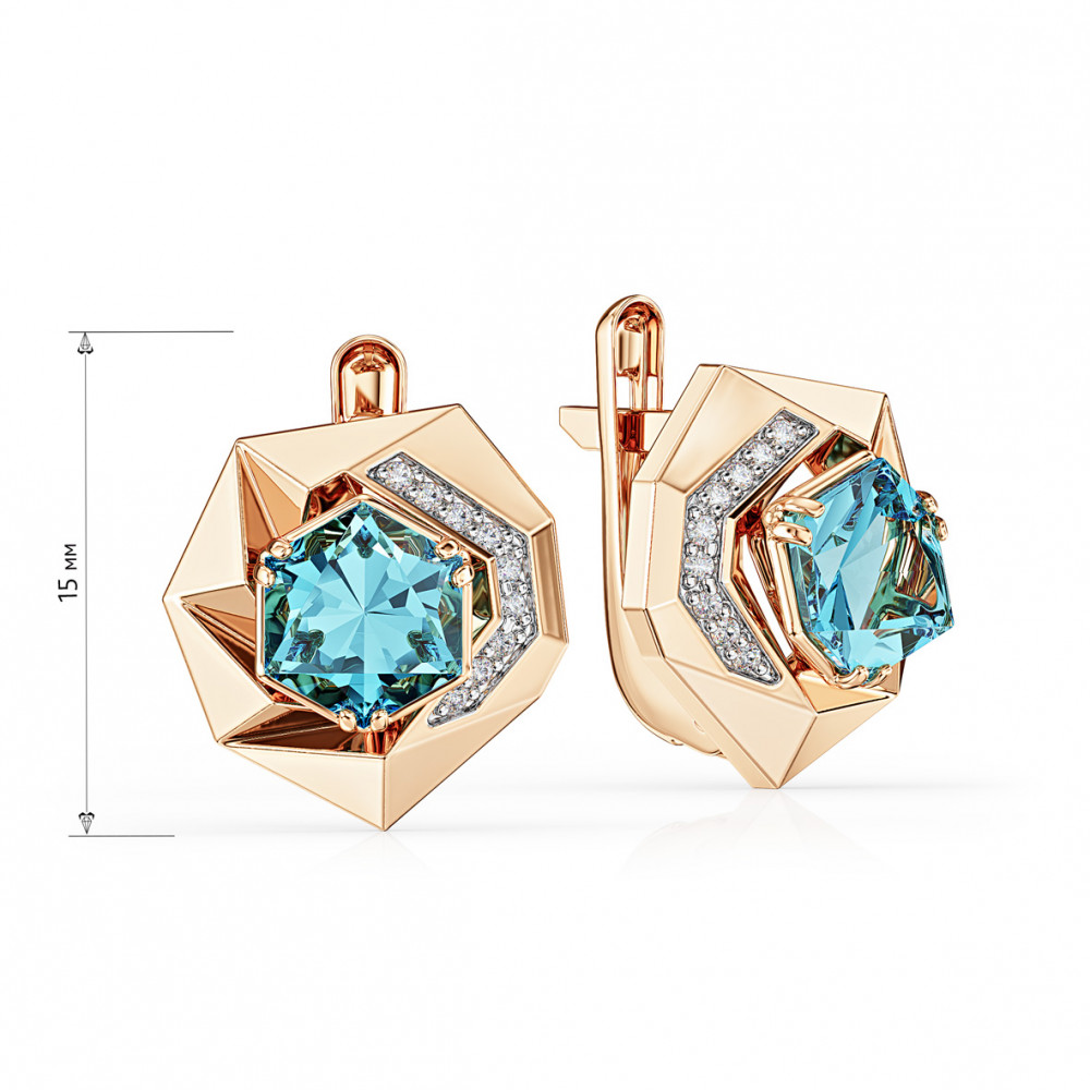 Золоті сережки з блакитним топазом і фіанітами. Артикул 441841  - Фото 2