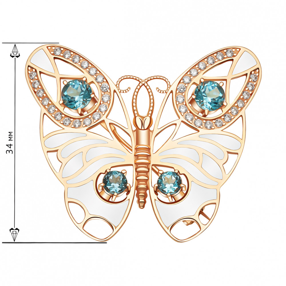 Золотая брошь с голубым топазом, фианитами и эмалью. Артикул 671059Е  - Фото 2