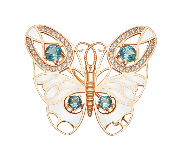 Золотая брошь с эмалью и фианитами. Артикул 670063Е - Фото  1