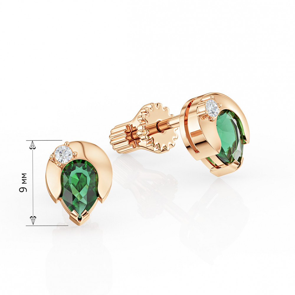 Gold earrings with diamonds and emerald. Article 782555  - Photo 2