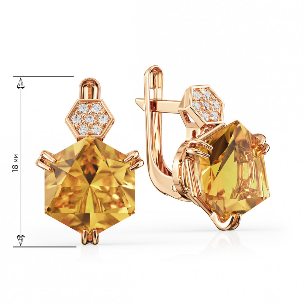 Gold earrings with citrine and cubic zirkonia. Article 449776  - Photo 2