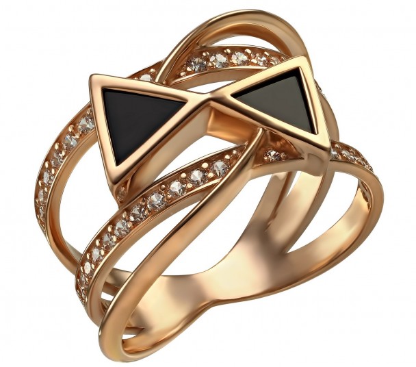 Золотое кольцо с агатом и фианитом. Артикул 379673 - Фото  1