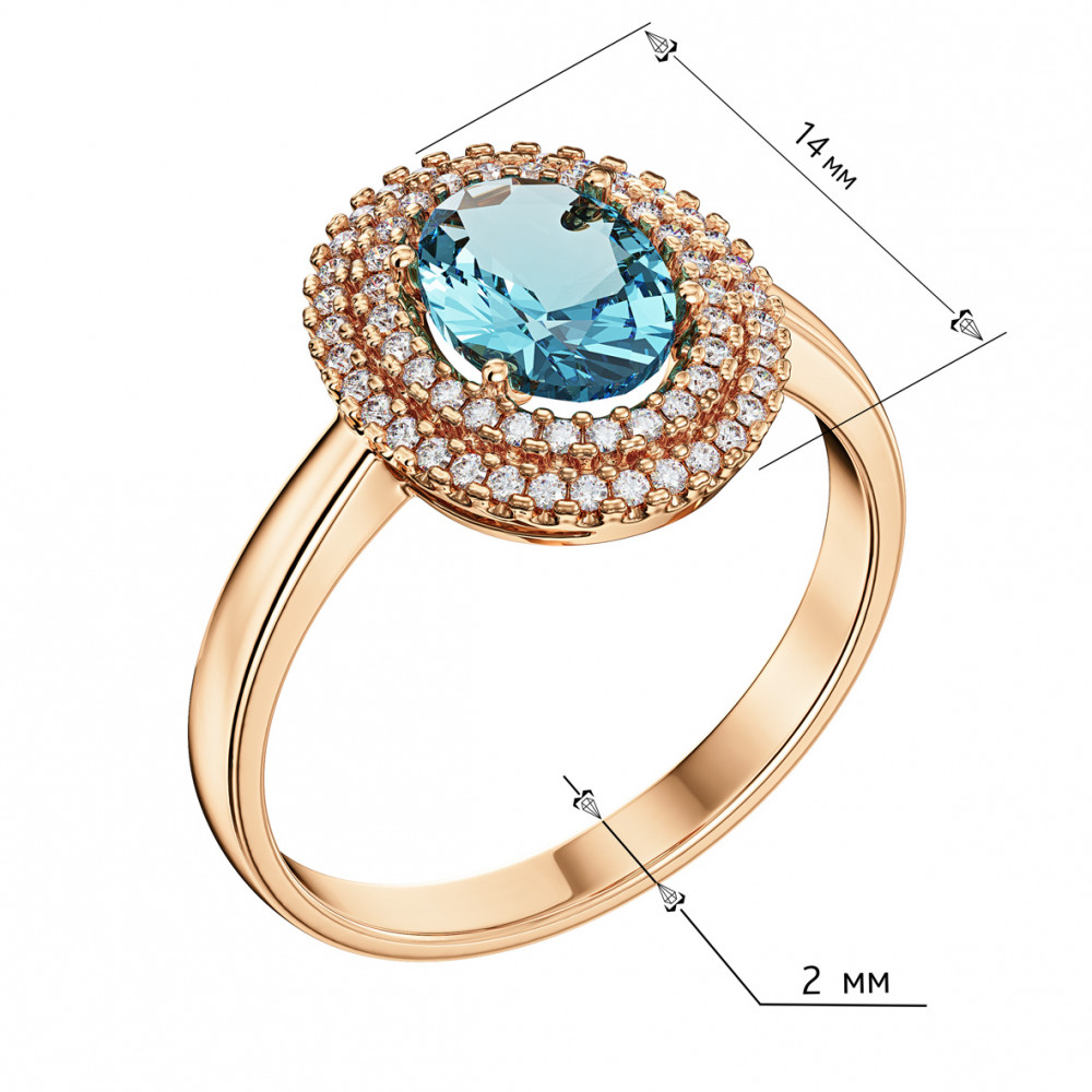 Gold ring with blue topaz and cubic zirkonia. Article 361757  size 18 - Photo 3