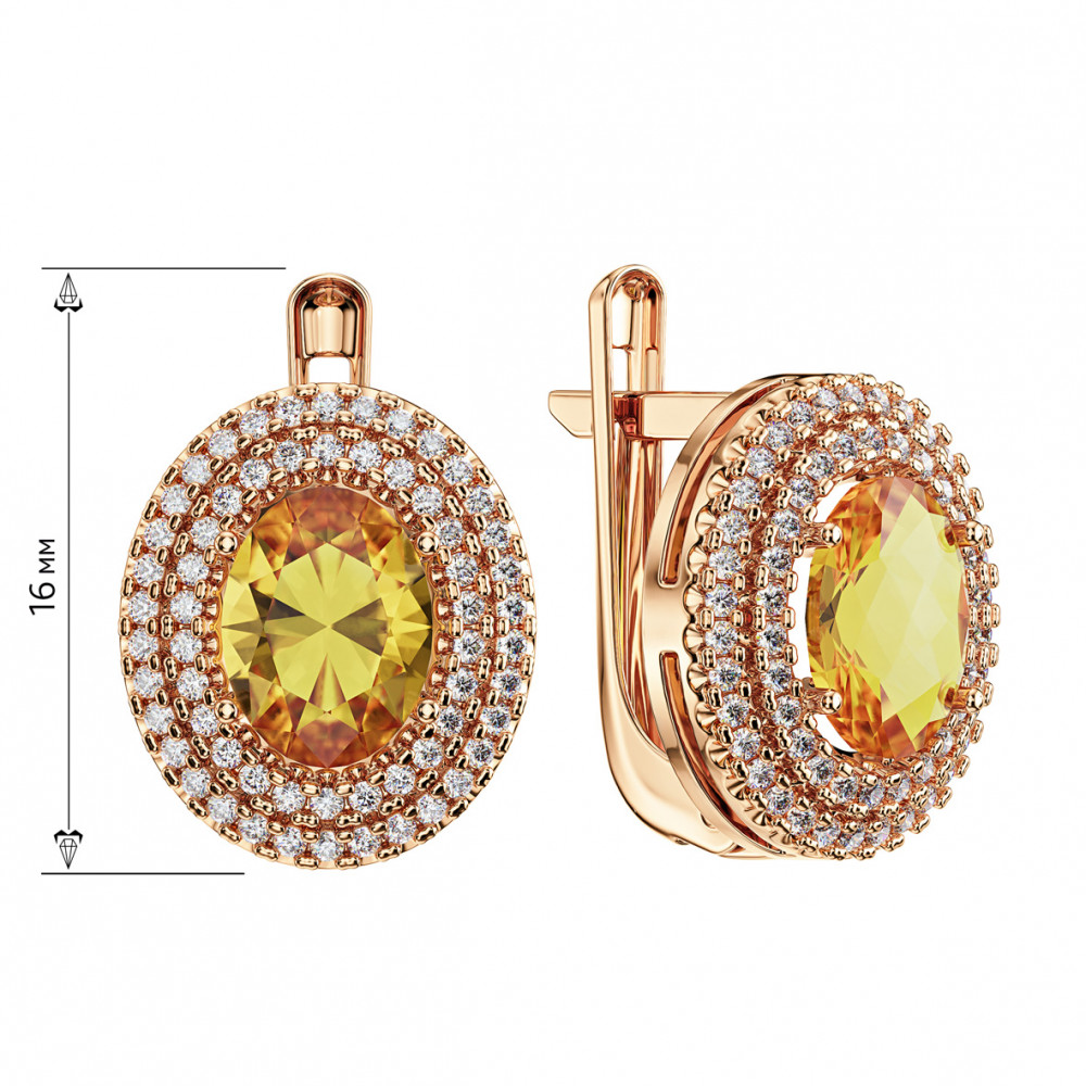 Gold earrings with citrine and cubic zirkonia. Article 449845  - Photo 2