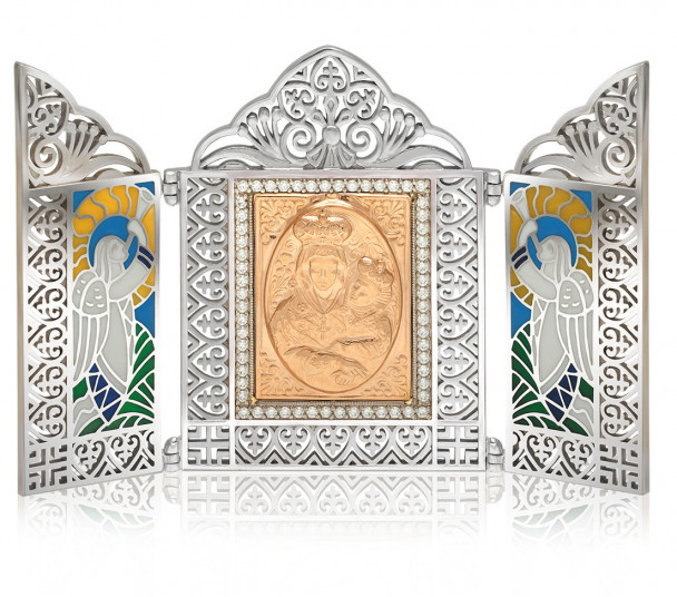 "Ікона Божої Матері". Срібна ікона-складень с вставками золота, фианитов і ювелірної емалі. Артикул 970003Н  - Фото 1
