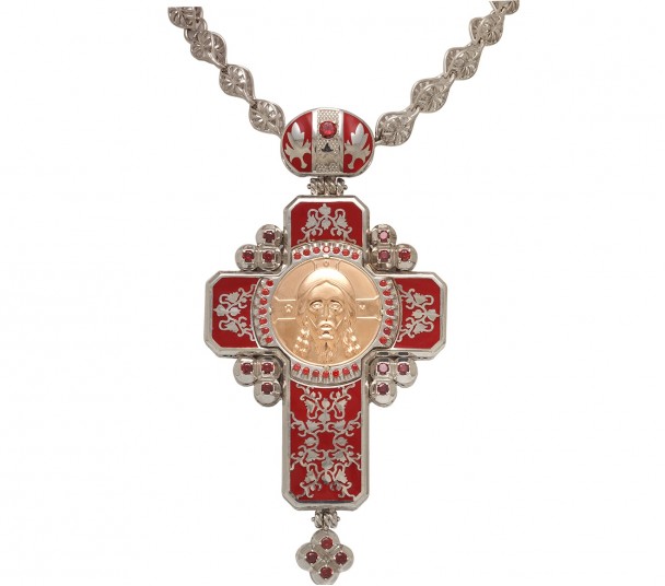 Наперсный крест (с цепью), с вставкой из золота, гранатом и эмалью. Артикул 294012А  - Фото 1