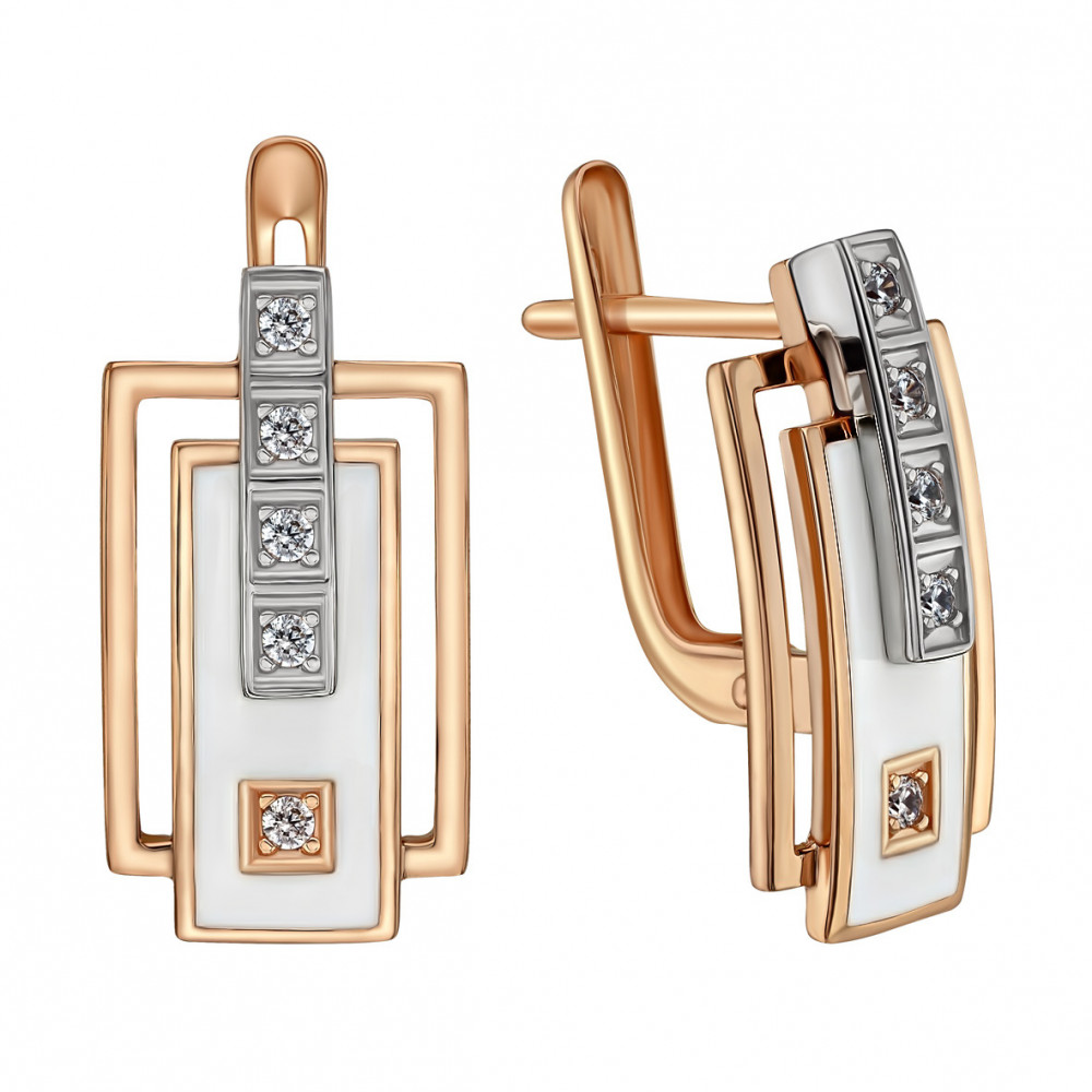Gold earrings with cubic zirkonia and enamel. Article 430985Е  - Photo 2
