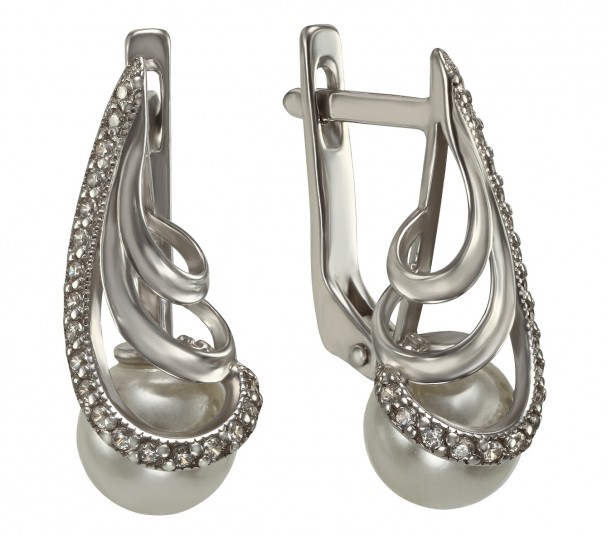 Серебряные серьги с жемчугом и фианитами. Артикул 430711С - Фото  1