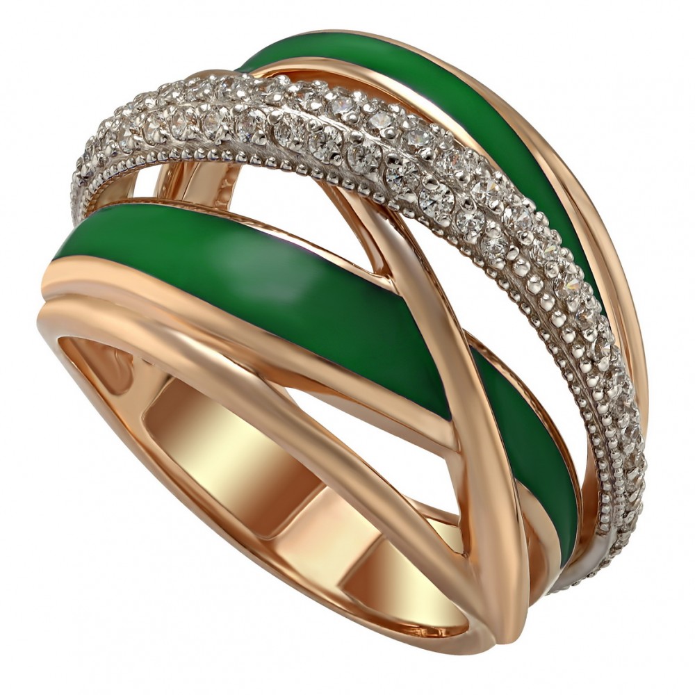 Золотое кольцо с фианитами и эмалью. Артикул 330129Е  размер 19 - Фото 3