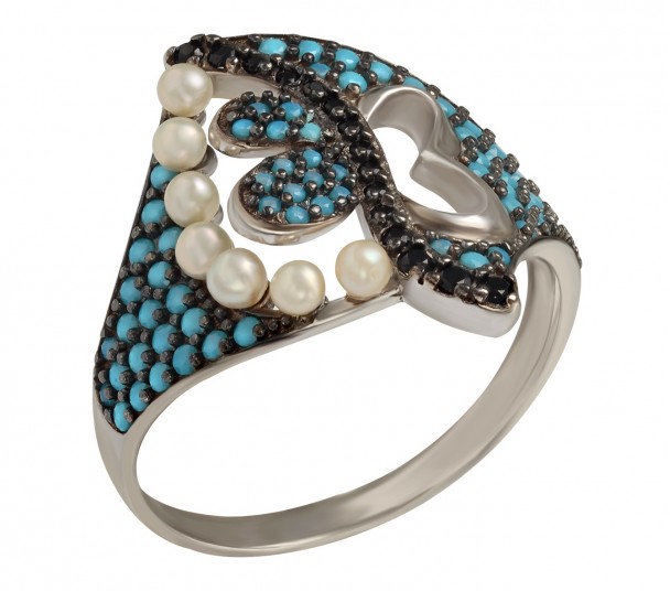 Серебряное кольцо с нанокристаллами, жемчугом и фианитами. Артикул 380191С  размер 20 - Фото 1