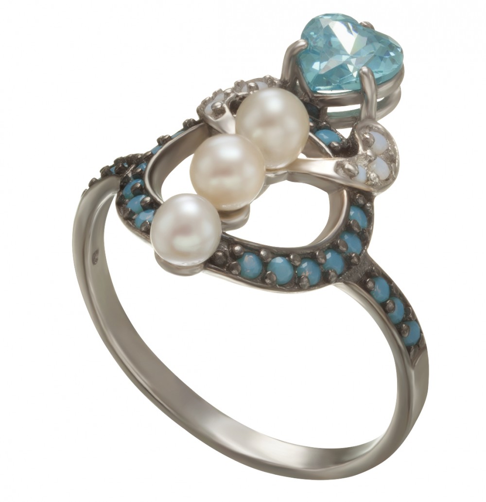 Серебряное кольцо с жемчугом, фианитами и нанокристаллами. Артикул 380190С  размер 20 - Фото 2