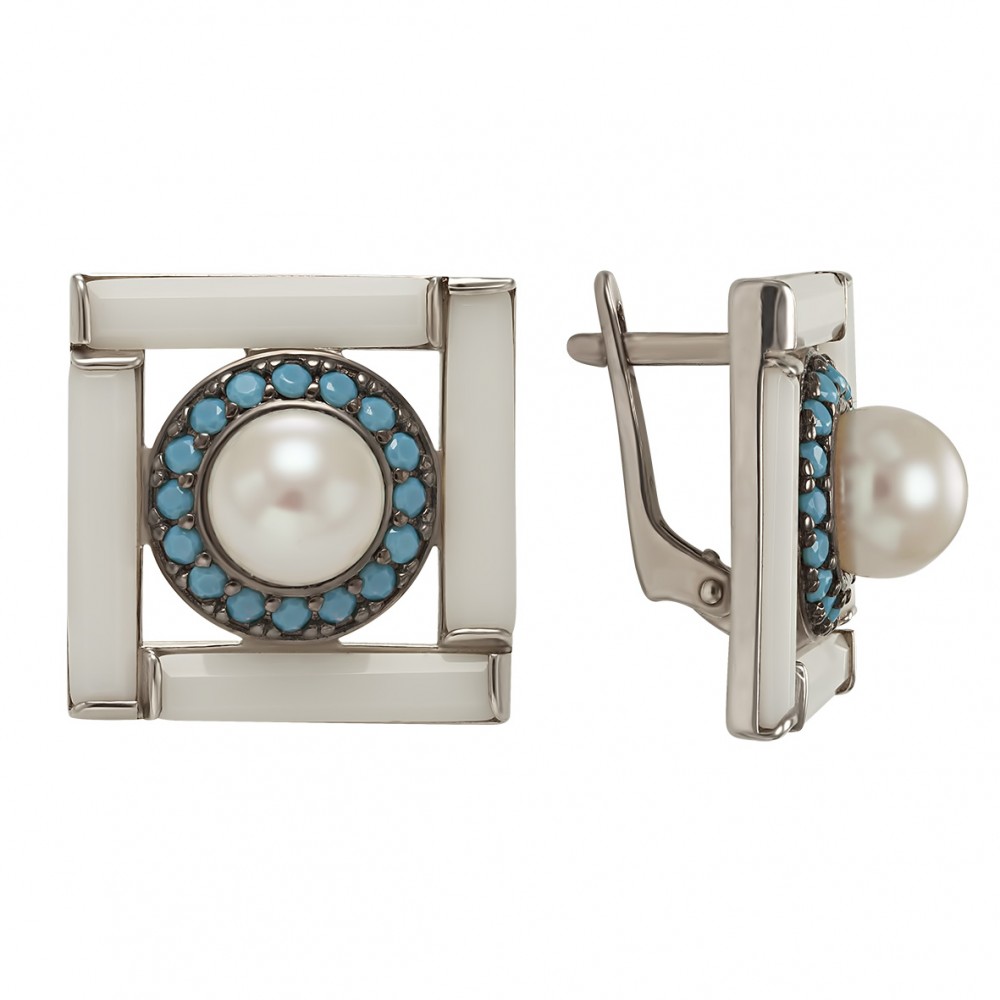 Срібні сережки з агатом, перлами і нанокристалами. Артикул 449644С  - Фото 2
