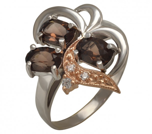 Серебряное кольцо с вставкой из золота, кварцем и фианитами. Артикул 378155Н  размер 17.5 - Фото 1