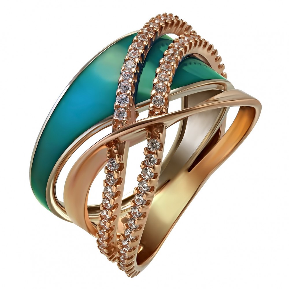 Золотое кольцо с фианитами и эмалью. Артикул 330073Е  размер 17.5 - Фото 3