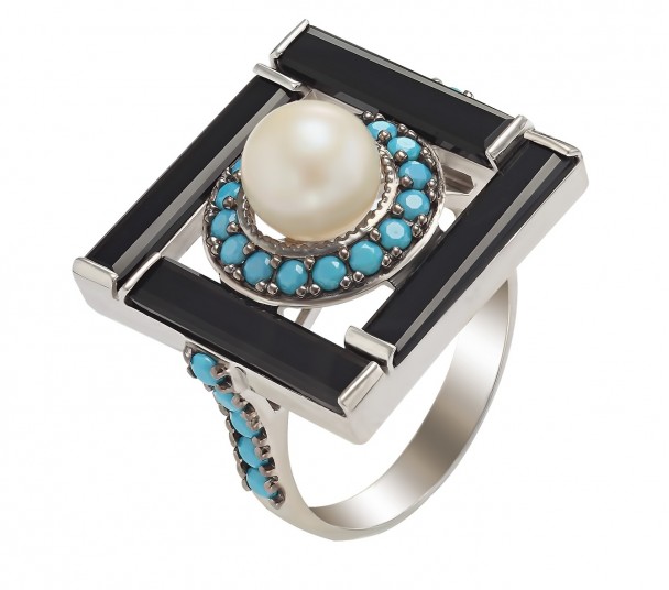 Серебряное кольцо с агатом, жемчугом и нанокристаллами. Артикул 369547С  размер 21 - Фото 1
