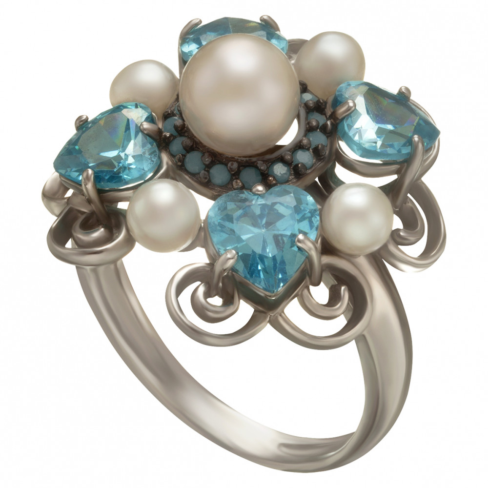 Серебряное кольцо с жемчугом, фианитами и нанокристаллами. Артикул 380192С  размер 16 - Фото 2