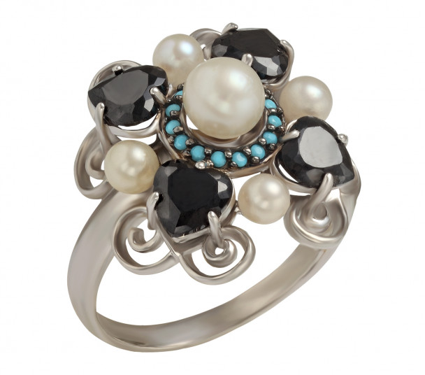 Серебряное кольцо с жемчугом, фианитами и нанокристаллами. Артикул 380192С  размер 21 - Фото 1