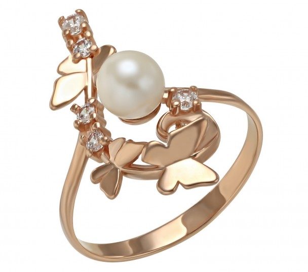 Золотое кольцо с жемчугом и фианитами. Артикул 380212  размер 18 - Фото 1