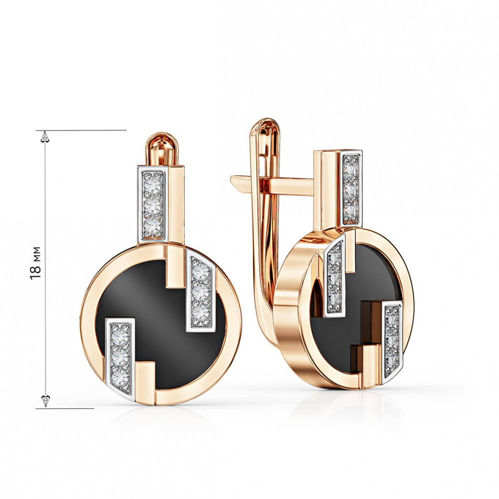 Золоті сережки з агатом та фіанфтами. Артикул 449721  - Фото 2