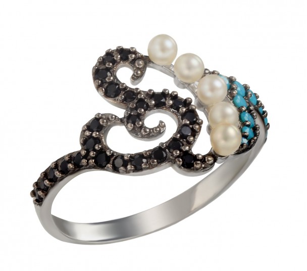 Серебряное кольцо "Ночное рандеву" с жемчугом, фианитами и нанокристаллами. Артикул 380187С  размер 17.5 - Фото 1