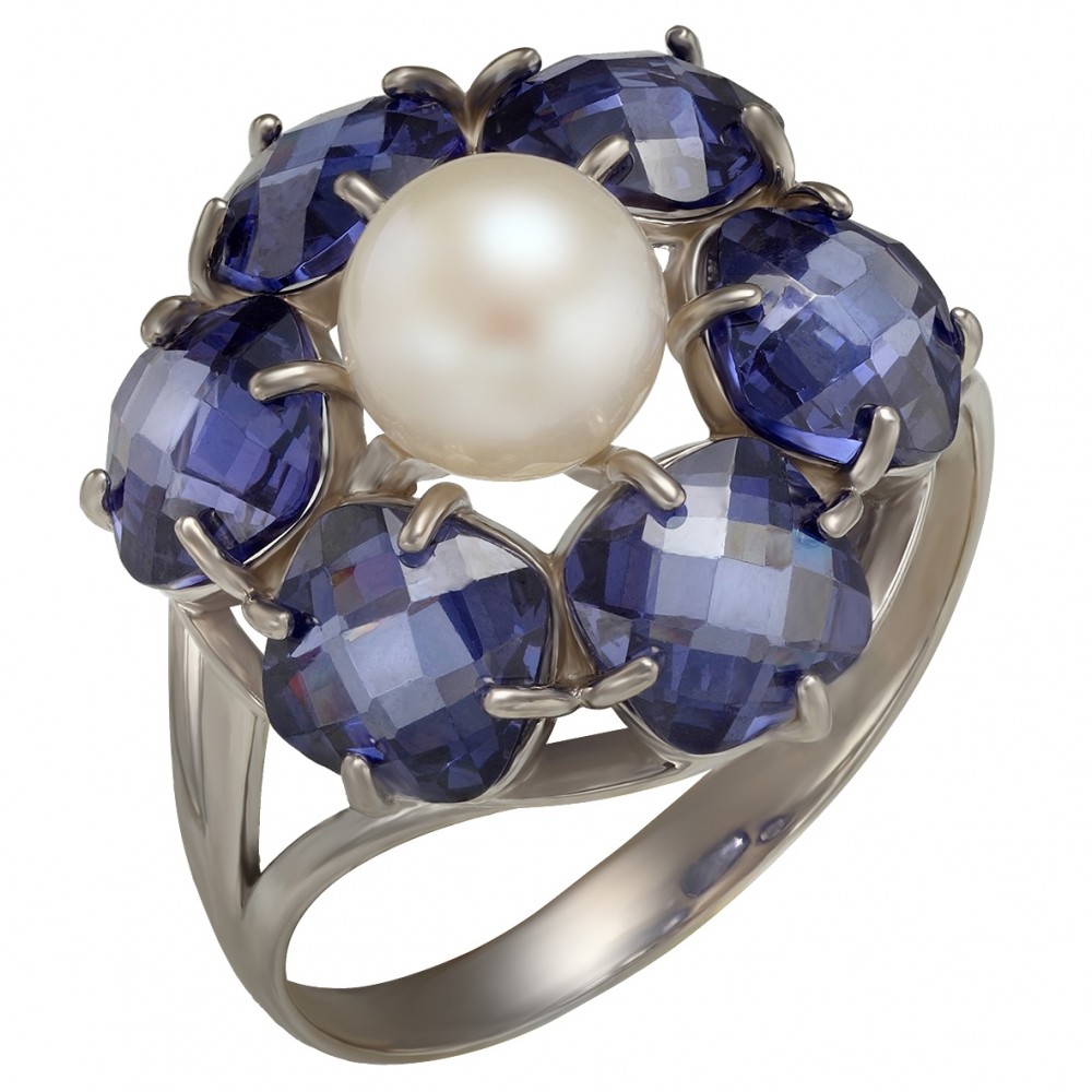 Серебряное кольцо с жемчугом и фианитами. Артикул 380078С  размер 18 - Фото 2
