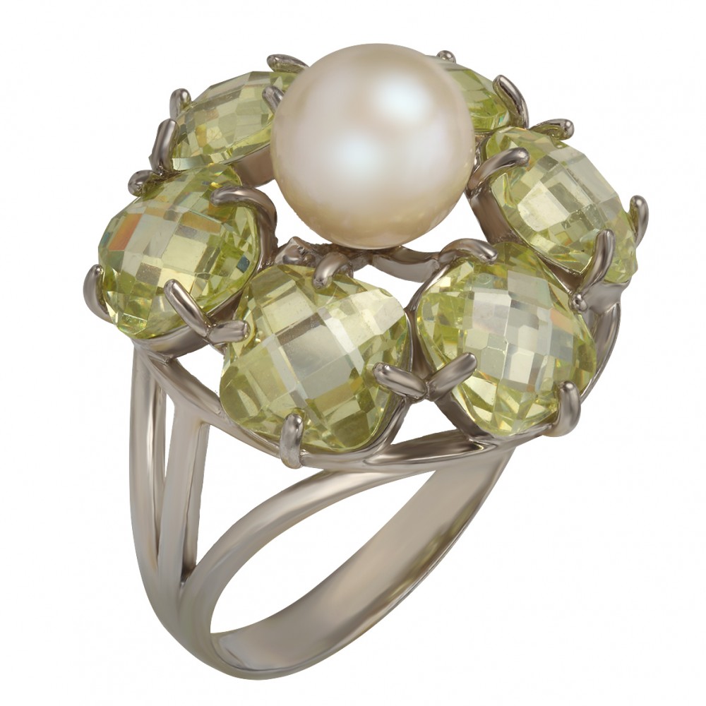 Серебряное кольцо с жемчугом и фианитами. Артикул 380078С  размер 18 - Фото 4