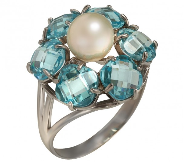 Серебряное кольцо с жемчугом и фианитами. Артикул 380078С  размер 19.5 - Фото 1