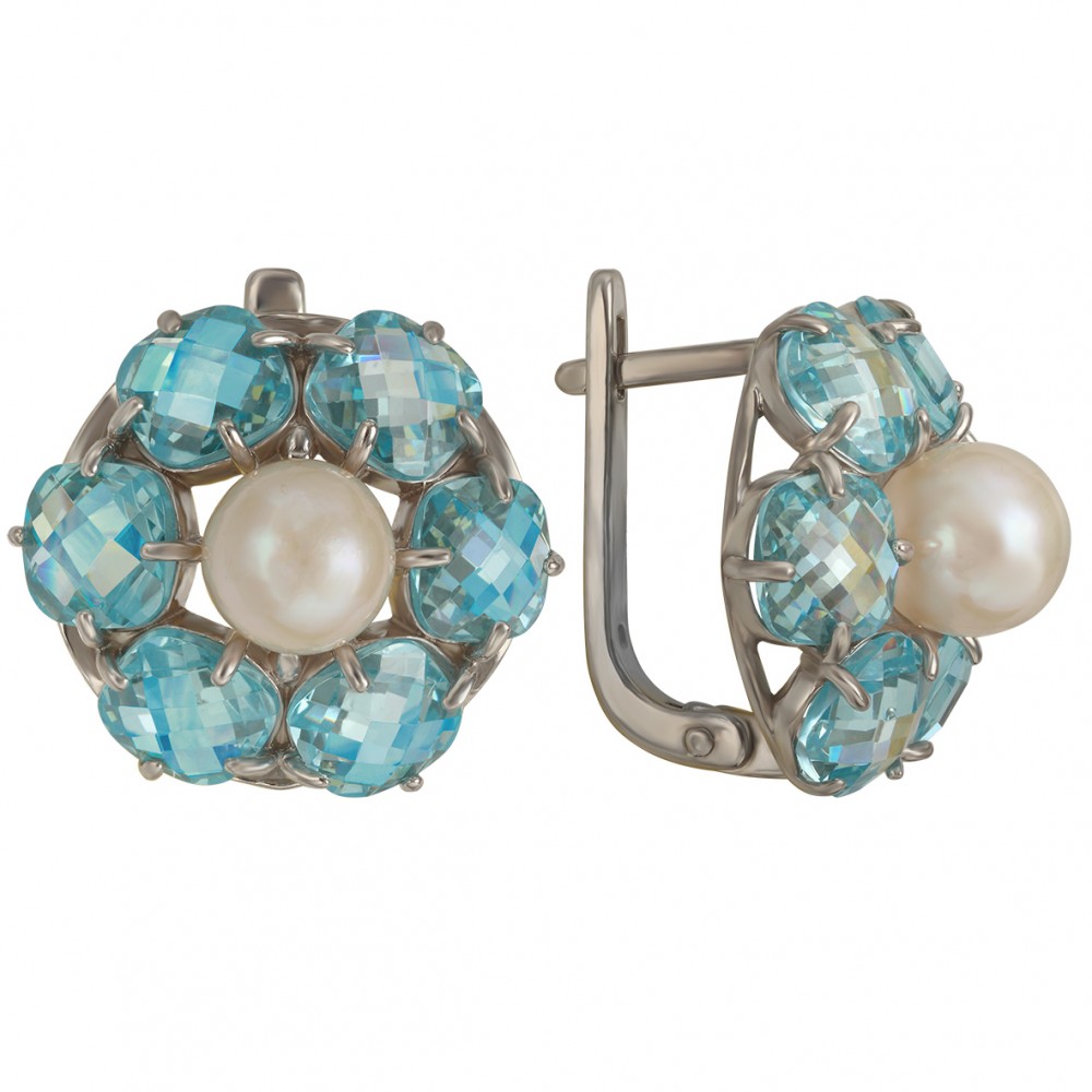 Срібні сережки з перлами і фіанітами. Артикул 420935С  - Фото 2