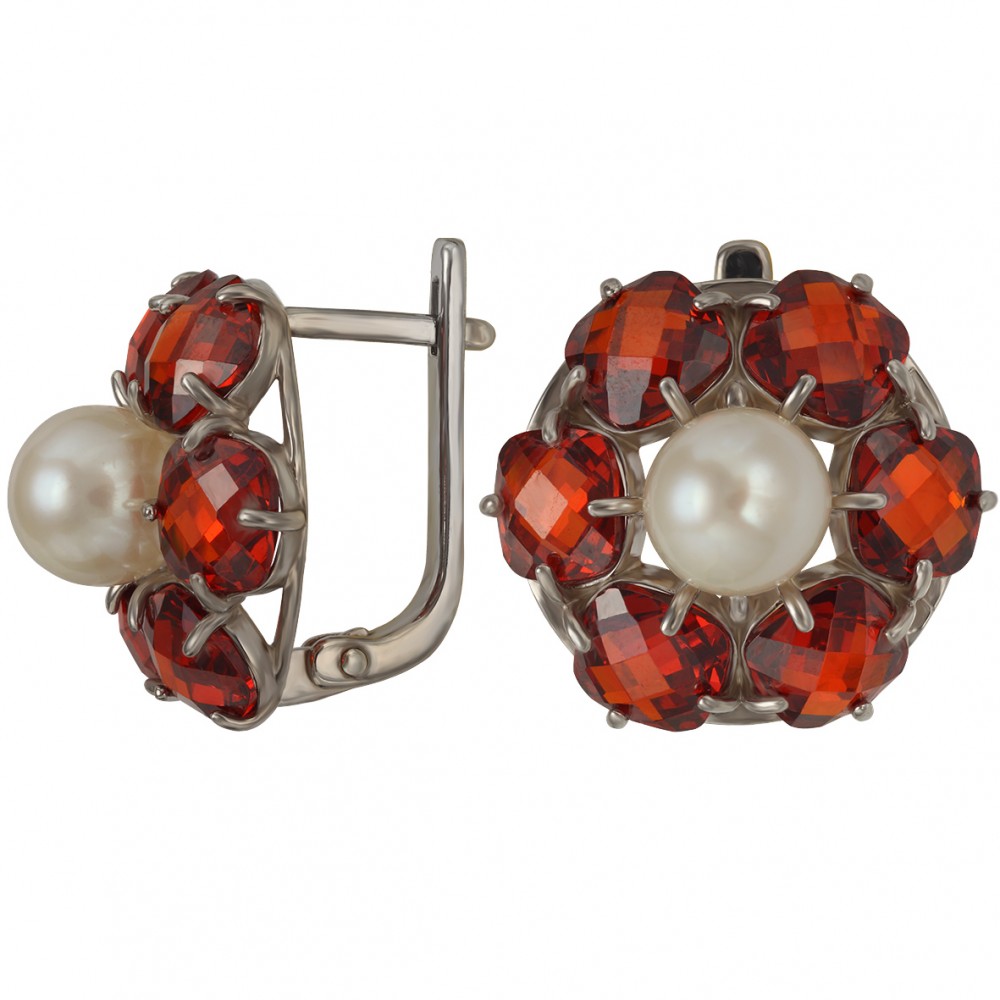 Срібні сережки з перлами і фіанітами. Артикул 420935С  - Фото 4