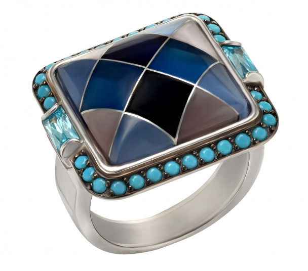 Серебряное кольцо с жемчугом, фианитами и нанокристаллами. Артикул 380188С - Фото  1