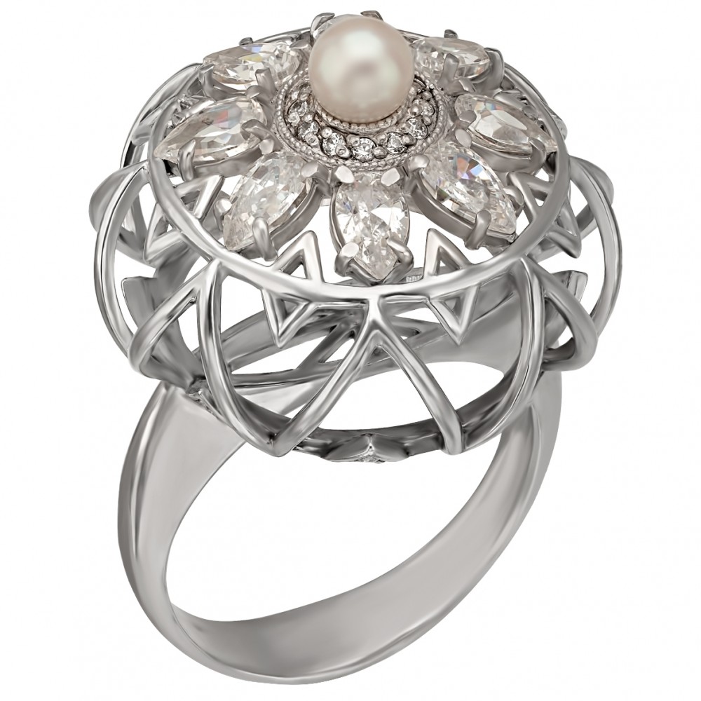 Серебряное кольцо с жемчугом и фианитами. Артикул 320851С  размер 18 - Фото 2