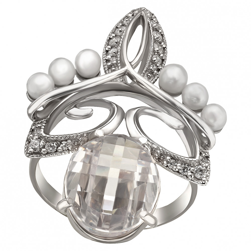 Серебряное кольцо с жемчугом и фианитами. Артикул 320996С  размер 18.5 - Фото 2