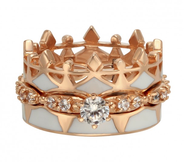 Золотое кольцо-корона с фианитами и эмалью. Артикул 330084Е  размер 19 - Фото 1