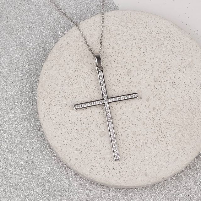 Натільний литий хрестик з родованого срібла з фіанітами. Артикул 260030С  - Фото 2