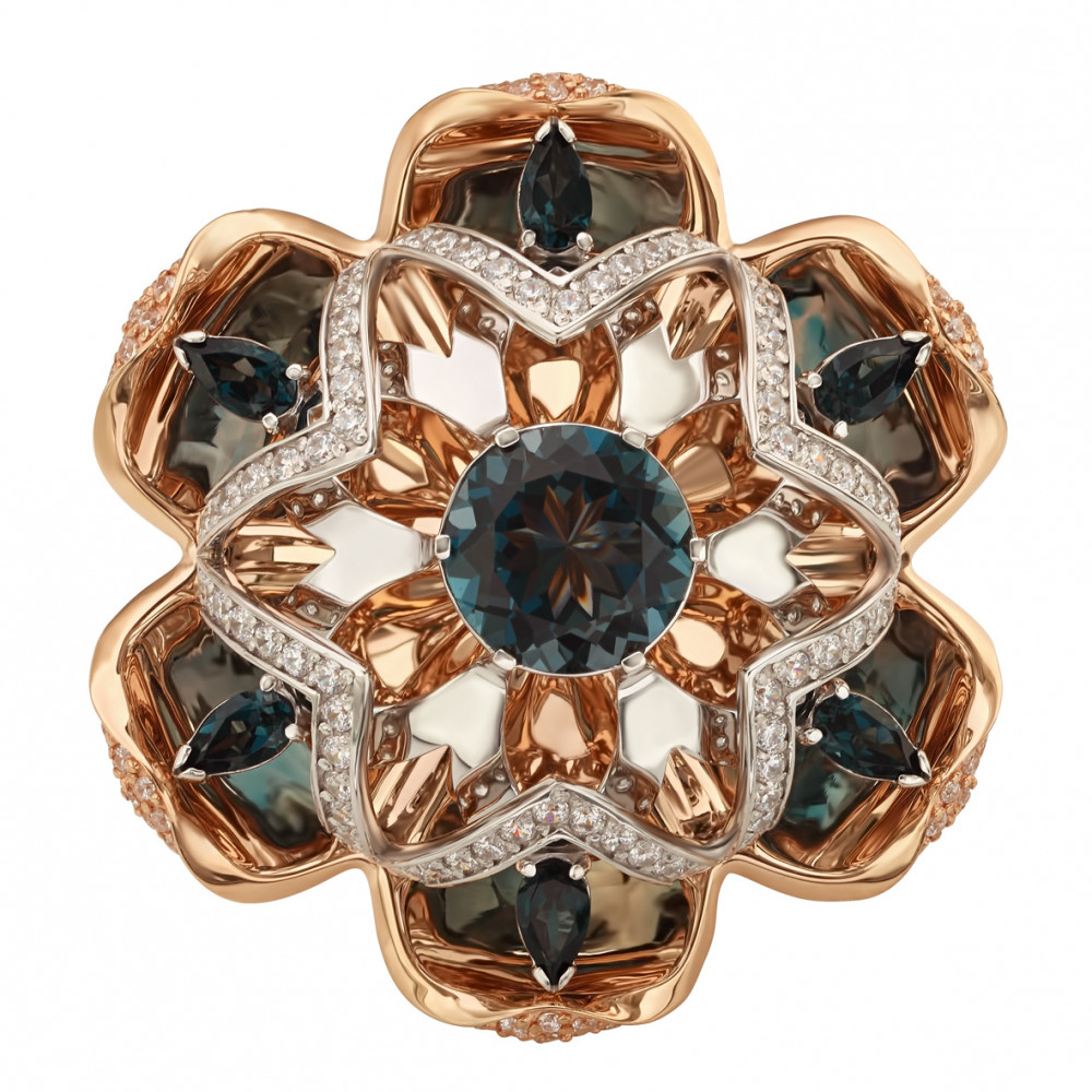 Золотое кольцо с топазами лондон и фианитами. Артикул 371790  размер 19 - Фото 2